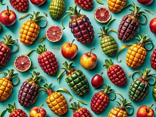 Seamless Food Pattern Design Featuring Grenade-Inspired Elements for Unique Print Design and Creative Culinary Imagery