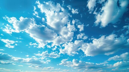 Vivid Blue Sky with White Fluffy Clouds. Background for Weather, Nature, and Travel