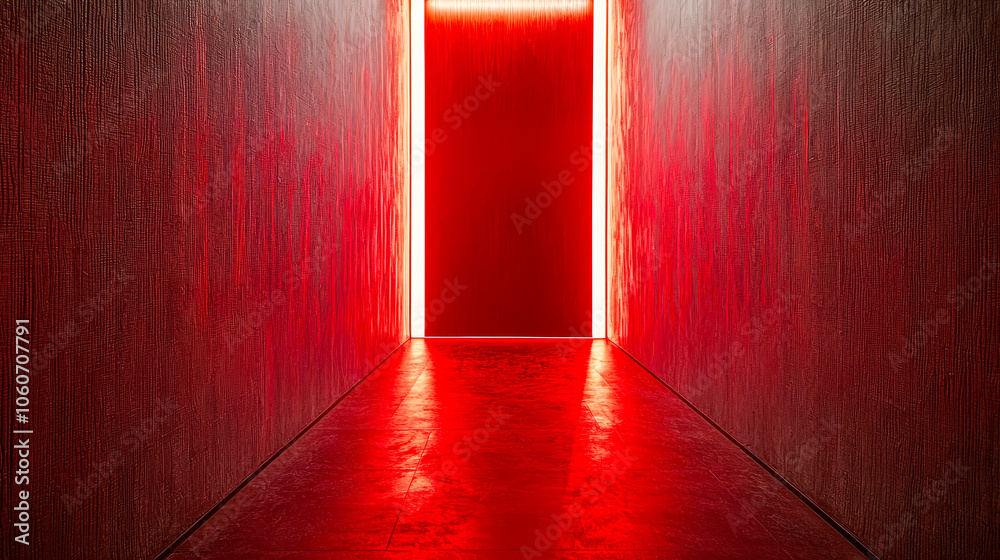 Poster A deep red glow fills the corridor, creating an intriguing atmosphere as it directs attention toward an inviting doorway ahead