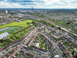 Aerial View of Downtown and Central Wembley London City of England Great Britain. High Angle Footage Was Captured with Drone's Camera from Medium High Altitude on April 17th, 2024