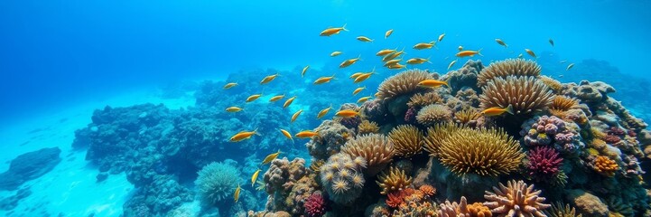 A vibrant underwater scene with colorful coral reefs, exotic fish, and crystal clear water, underwater ecosystem, tranquility
