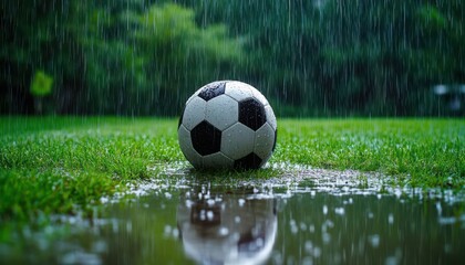 Dramatic view of a rain-soaked soccer field with a ball resting on the grass