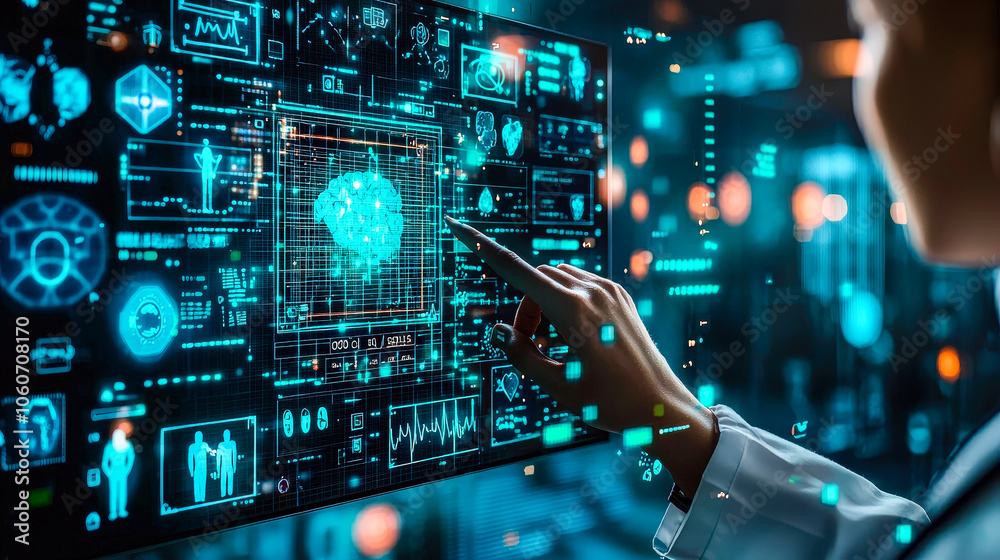 Poster A researcher examines an advanced holographic interface that visualizes artificial intelligence, highlighting data and insights in a futuristic lab setting