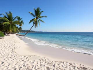 A vibrant seaside scene with clear blue skies, powdery white sand, and crystal turquoise waters, perfect for a summer vacation, relaxation, coastal