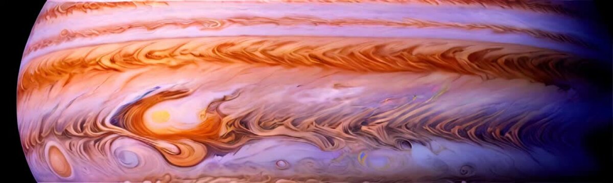 Planet Jupiter atmosphere rotating background. Banner wide