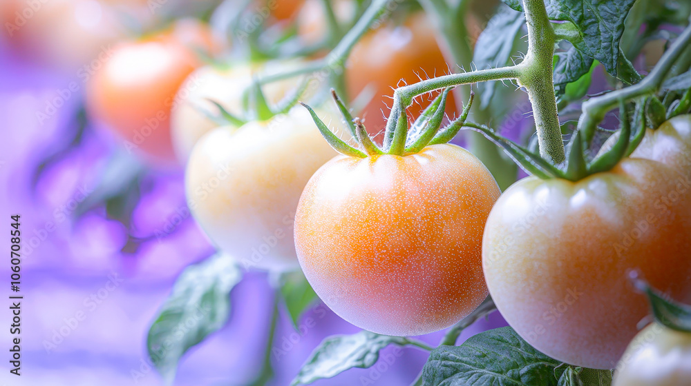 Poster vines inside the greenhouse display tomatoes in various stages of ripening, illuminated by grow led 