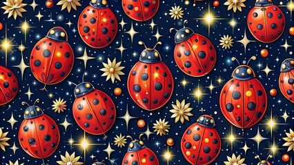 Seamless Pattern of Red Ladybugs at Night, Perfect for Textiles and Backgrounds, Vibrant and Whimsical Design for Nature Lovers, Ideal for Home Decor and Fashion Industry