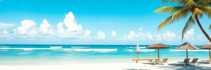 Fototapeta premium A vibrant beach scene with colorful umbrellas and clear blue water, perfect for a summer vacation getaway, beach, summer