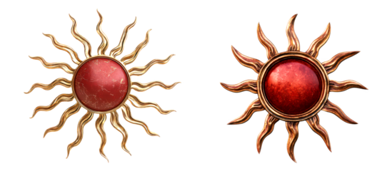 Two decorative sun designs with a red center isolate on transparent background, cutout, png