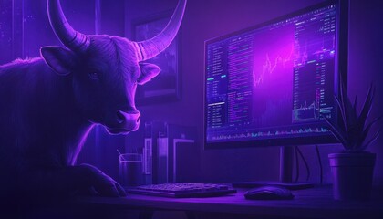 Bull trading enthusiast analyzing stock market and cryptocurrency trends at night
