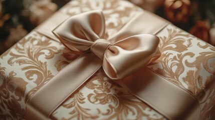 Elegant Anticipation: A Symphony of Champagne Silk Ribbons and Vintage Damask Patterns Tell Tales of Celebration Through Delicately Wrapped Moments of Joy and Timeless Gift-Giving Grace