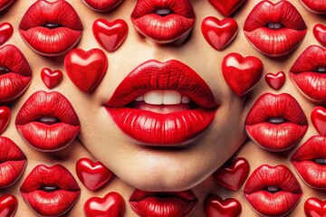 Fototapeta premium Seamless Vector Pattern of Women's Lips with Red Lipstick and Heart Makeup Gestures Expressing Emotions - Love, Beauty, and Art in Design