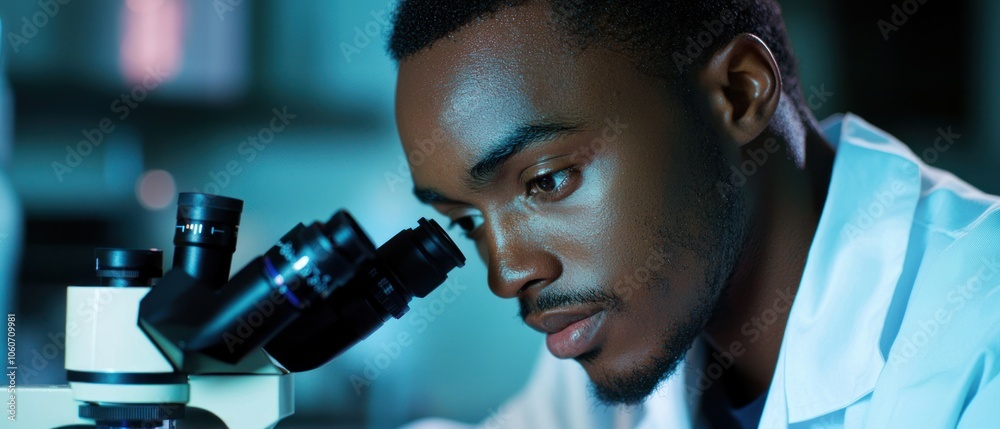 Poster a concentrated scientist observing through a microscope