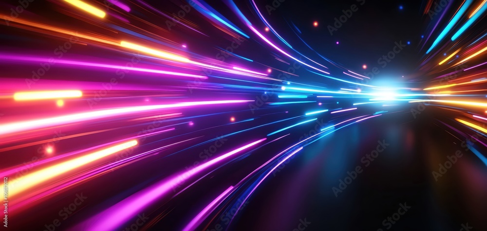 Poster vibrant light trails creating a dynamic motion effect in dark background.