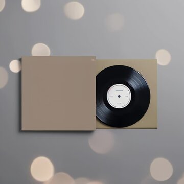 black vinyl LP record and a blank copy space beige album cover, flat lay against a smooth, neutral background with bokeh lights. Mockup template. Music concept