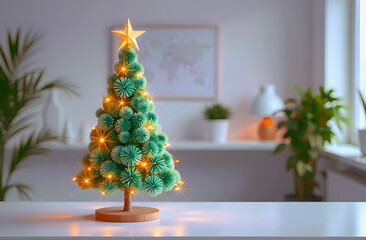 A tree decorated with garlands and lights for Christmas stands on an office desk.