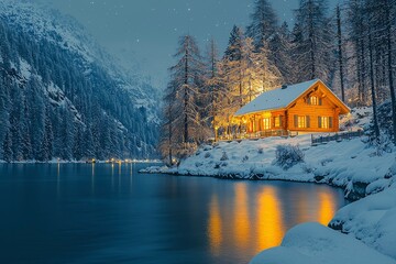 Fototapeta premium A Cozy Cabin by a Snowy Lake Under a Starry Sky