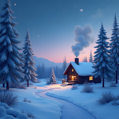 Fototapeta premium A serene winter landscape with snow-covered trees and a cozy house with smoke curling from the chimney.