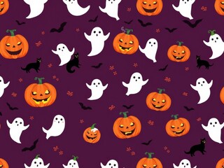 A spooky Halloween-themed wallpaper featuring black cats, bats, pumpkins, ghosts, and witches on a dark purple background, pumpkins, spooky