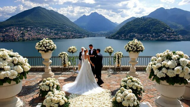 A bride and groom exchange vows during a wedding ceremony overlooking a picturesque lake and mountains