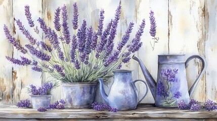 A still life featuring lavender flowers in various stages of bloom, displayed in vintage metal pitchers and a rustic wooden background.