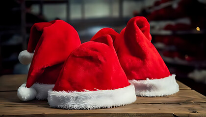 red santa hats sit alone table cold winter storage space