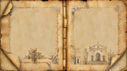 "An aged brown parchment background with a distressed, vintage look. Subtle stains and random ink spatters create a well-worn, antique feel. The center is softly faded to a shabby white, blending