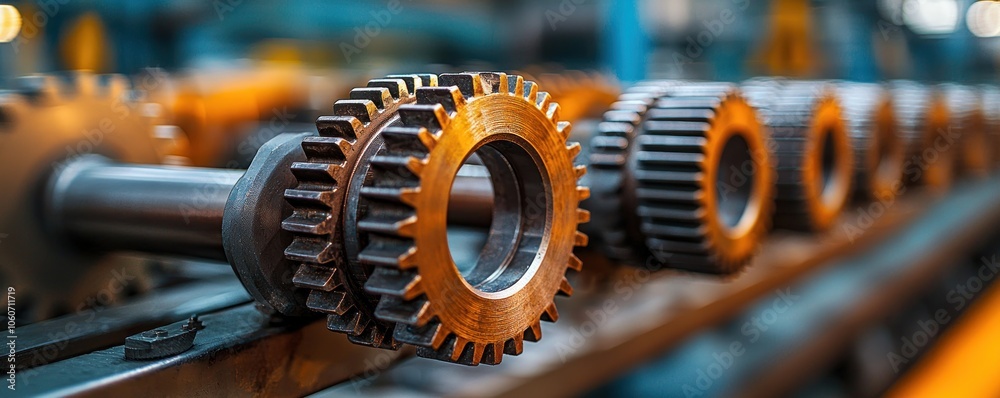 Poster Close-up of a Row of Cogwheels in a Factory Setting