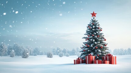 Naklejka premium Beautiful Christmas Tree with Red and Gold Ornaments in Snowy Field