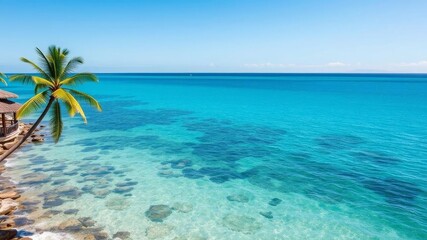 Fototapeta premium A serene ocean background with clear blue waters and soft waves gently lapping onto a sandy shore, coast, horizon