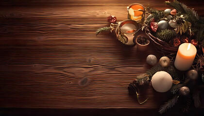 rustic wooden desk decorated holidays ornaments candle festive atmosphere