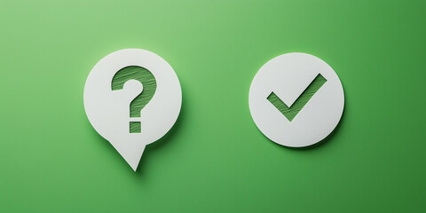 A question mark inside a speech bubble and a check mark on a green background, symbolizing inquiry, confirmation, and decision-making