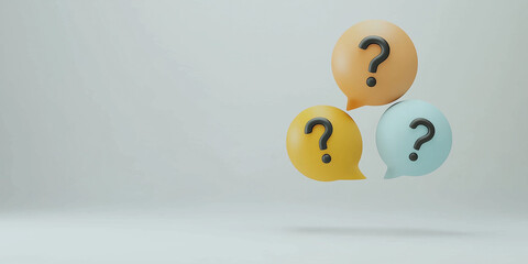 Three speech bubbles in different colors with question marks inside, floating on a light background, representing conversation, questions, or communication.