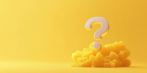 A large floating question mark emerges from a fluffy yellow cloud on a yellow background, symbolizing curiosity, uncertainty, or inquiry