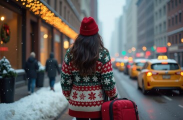 Young dark-haired woman in red christmas sweater waiting taxi in city street to go meet family for Christmas