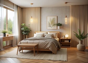 Serene Bedroom Ambiance with Light Wood Table Backdrop - Cozy Decor, Relaxation, Tranquil Space, Natural Light, Soft Textures, Minimalist Aesthetic, Warm Colors
