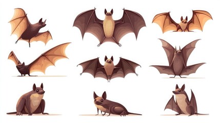 A collection of cute cartoon bats in various poses, from flying to resting, showcasing their adorable features.