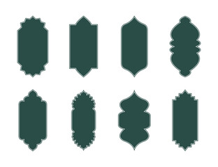 Islamic shape set blank template in green color vector illustration. Islamic Shape door, window silhouette Arabic arch. Oriental collection. Frames in Arabian Muslim design elements for decoration.