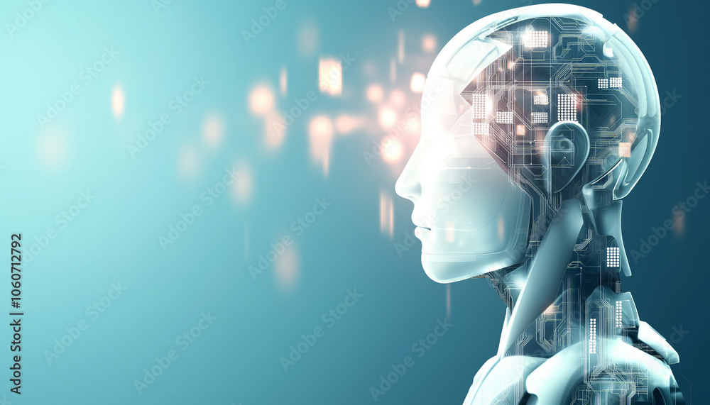 Wall mural futuristic image of a humanoid robot with integrated circuitry, symbolizing artificial intelligence 
