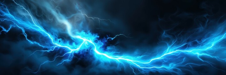 Obraz premium Electric storm, cosmic energy clash, blue and orange lightning, celestial forces colliding, ethereal wisps, dark background, dynamic energy flow, abstract cosmos, vibrant contrasts, swirling nebula-li