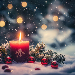 A high-quality close-up image of a single red Christmas candle, surrounded by snow, pine branches, and ornaments, creating a warm and festive holiday ambiance.