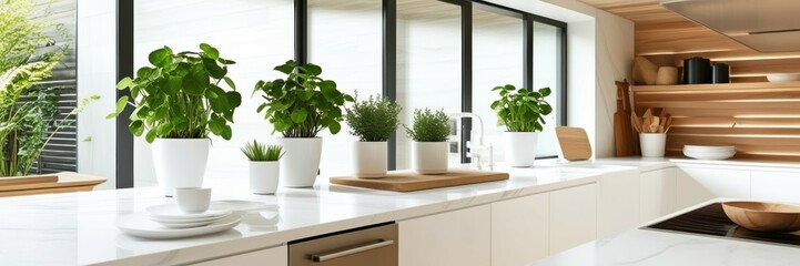 Fototapeta premium Modern interior design, sunlit room, large windows, natural wood elements, indoor plants, minimalist decor, white walls, cozy seating area, organic textures, zen atmosphere, biophilic design, contempo