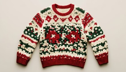 Festive Christmas ugly sweater design with colorful patterns on a neutral background