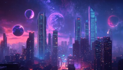 Obraz premium A Fantasy Cityscape with Towers a Bright Moon in a Starry Sky