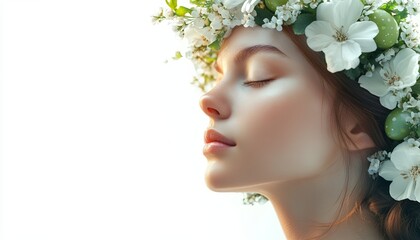 Beauty Girl with White Flower Crown Relaxing with Eyes Closed in Bright Natural Light