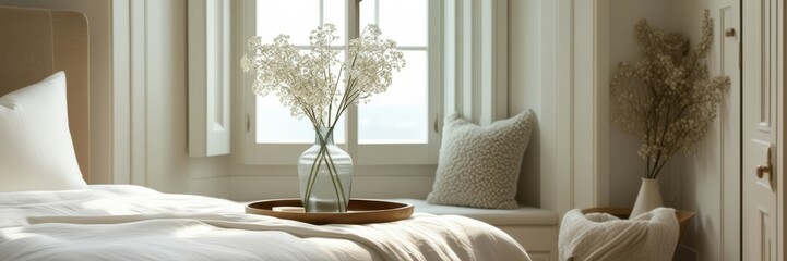 Luxurious bedroom interior, soft natural light, white orchids, plush bedding, neutral tones, serene atmosphere, shuttered windows, minimalist decor, cozy throw pillows, wooden tray, elegant simplicity