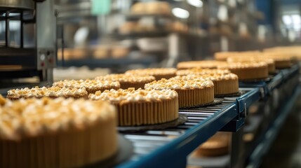 A close-up of a production line in a bakery, showcasing freshly baked pies with a fluffy white frosting and a golden crust.