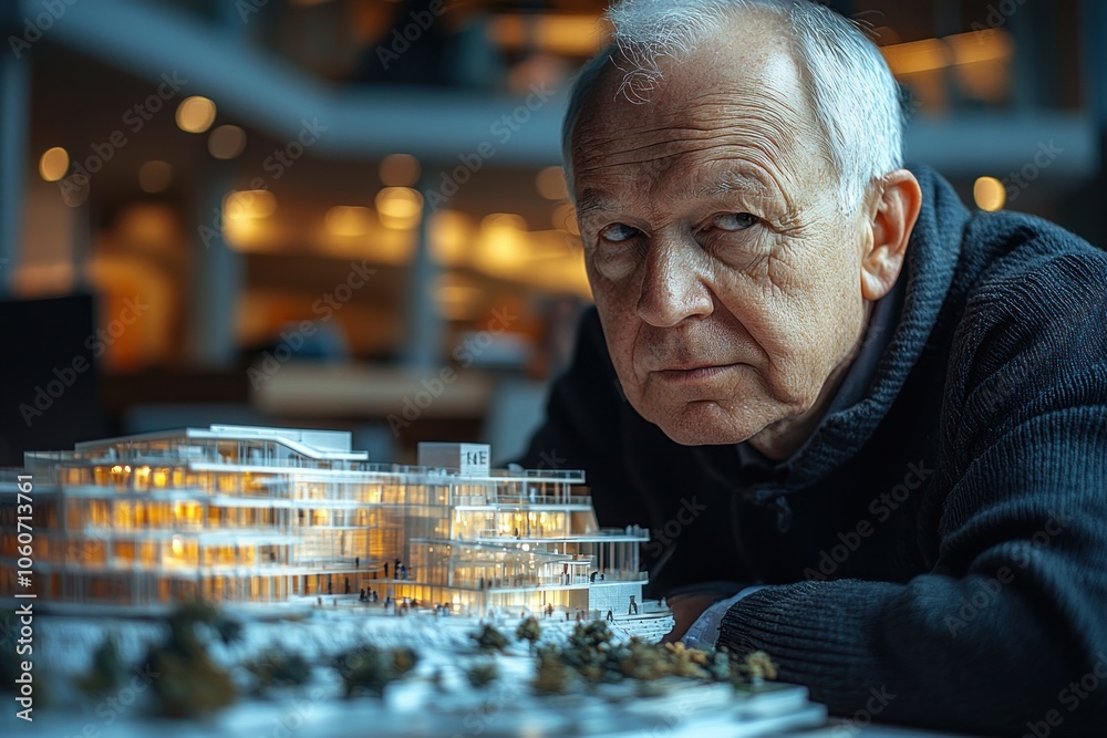 Poster elderly man gazing at illuminated architectural model