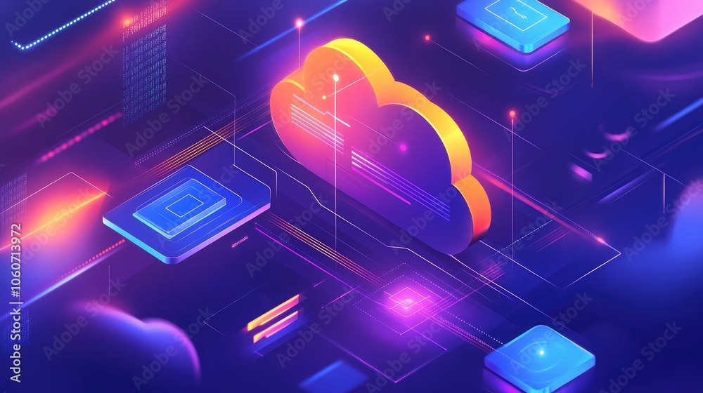 Poster a 3d illustration of a cloud computing network with lines of code and data flowing in and out.