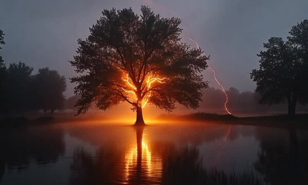 A glowing tree illuminated by lightning in a foggy landscape.